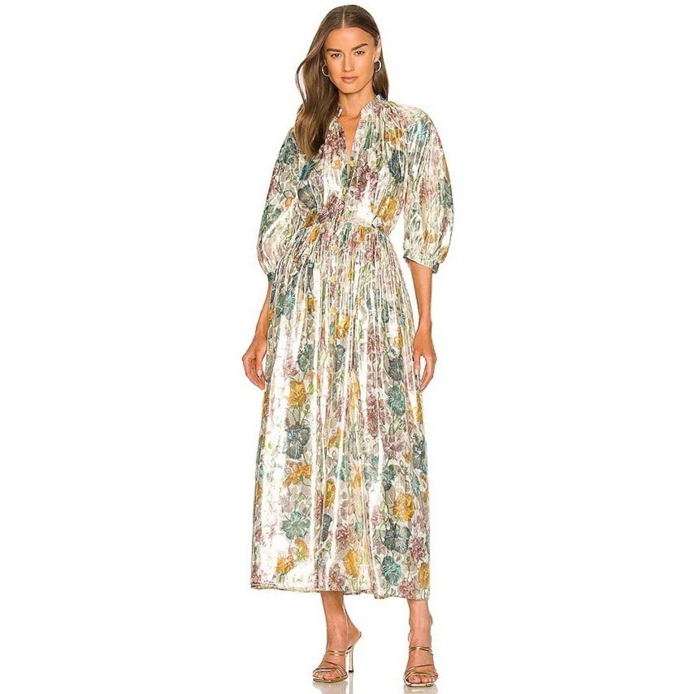 Hayley Menzies Dress Women XS Ivory Gold Shimmering Floral Silk Blend Midi NWT‎